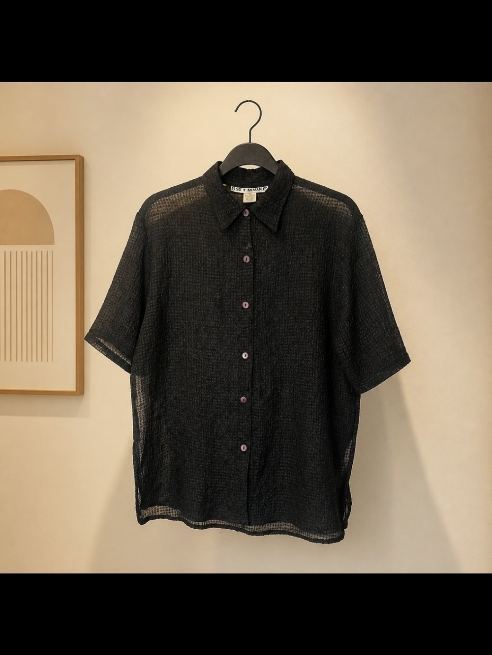Just Elements Black Textured Crinkle Button Front Blouse Short Sleeve Vintage